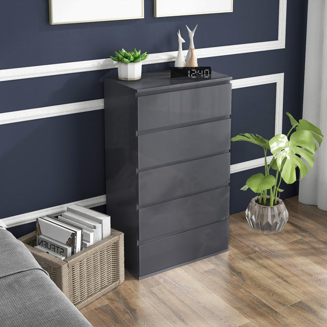 High Gloss 5-Drawer Chest of Drawers Storage Cabinet Modern Dresser - Grey