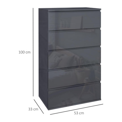 High Gloss 5-Drawer Chest of Drawers Storage Cabinet Modern Dresser - Grey