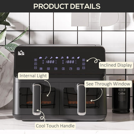 8L Double Basket Family Air Fryer Oven with Digital Display - Black
