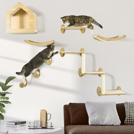 8PC Cat Wall Shelves Set with Condo, Perches & Scratching Posts - Beige