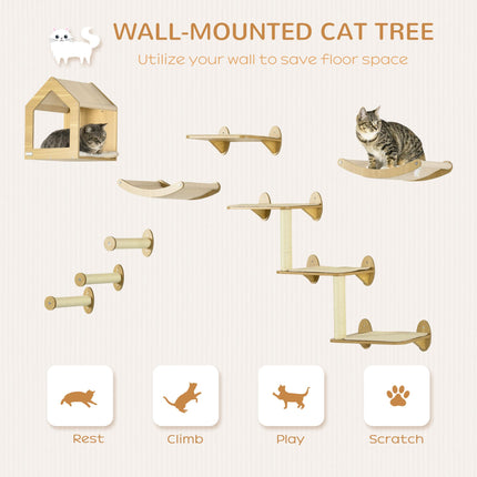 8PC Cat Wall Shelves Set with Condo, Perches & Scratching Posts - Beige