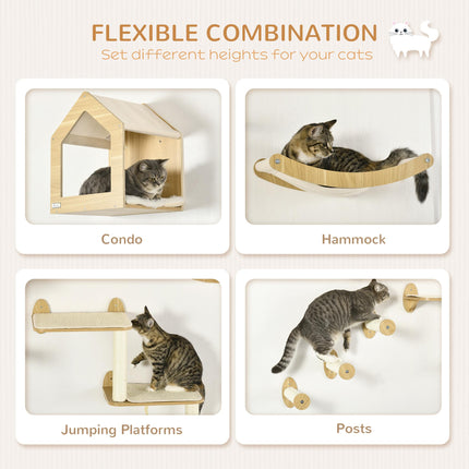 8PC Cat Wall Shelves Set with Condo, Perches & Scratching Posts - Beige