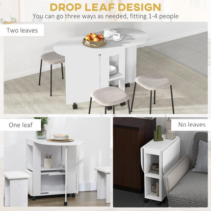 Four-Person Drop Leaf Dining Table with Wheels - White