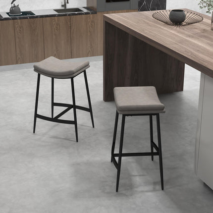 Set of 2 Microfibre Upholstered Kitchen Bar Stools with Steel Frame and Curved Seat - Grey Black