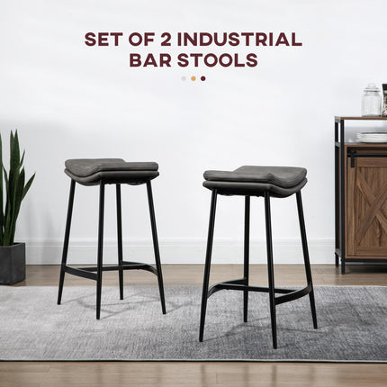 Set of 2 Microfibre Upholstered Kitchen Bar Stools with Steel Frame and Curved Seat - Grey Black