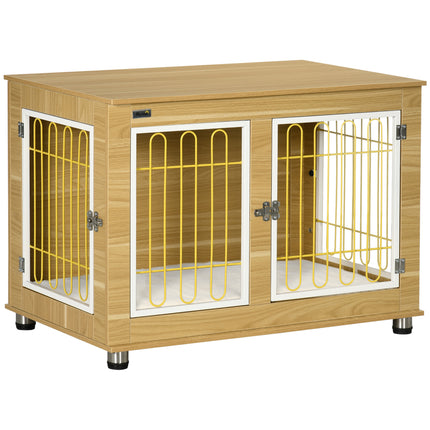 Dog Crate Furniture Double Door with Soft Cushion and End Table - Oak Tone