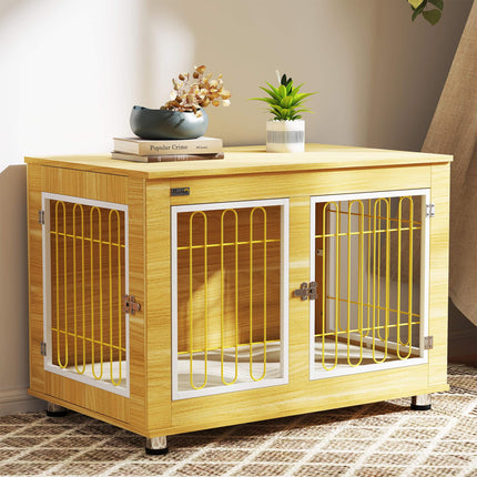 Dog Crate Furniture Double Door with Soft Cushion and End Table - Oak Tone