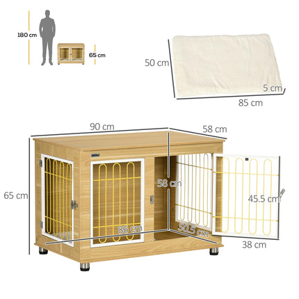 Dog Crate Furniture Double Door with Soft Cushion and End Table - Oak Tone