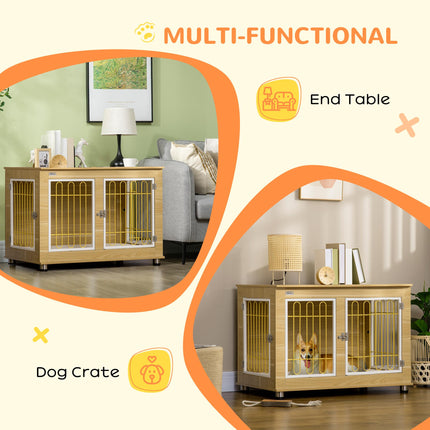 Dog Crate Furniture Double Door with Soft Cushion and End Table - Oak Tone