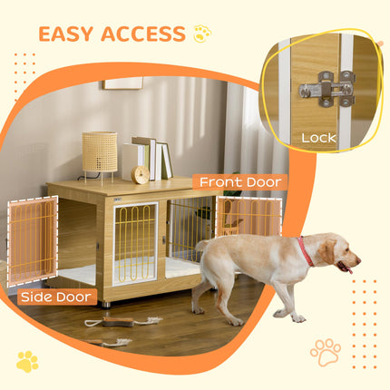 Dog Crate Furniture Double Door with Soft Cushion and End Table - Oak Tone