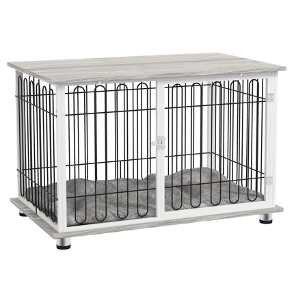 Indoor Dog Crate Furniture with Lockable Doors and Washable Cushion for Large Dogs - Graphite Wood Effect