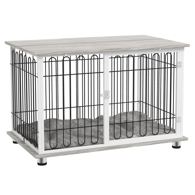 Indoor Dog Crate Furniture with Lockable Doors and Washable Cushion for Large Dogs - Graphite Wood Effect