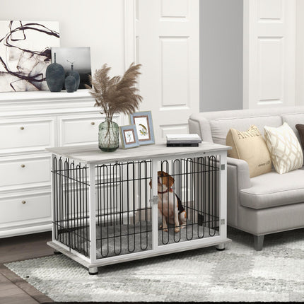 Indoor Dog Crate Furniture with Lockable Doors and Washable Cushion for Large Dogs - Graphite Wood Effect