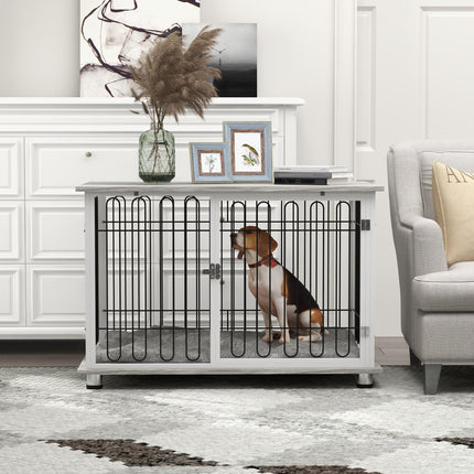 Indoor Dog Crate Furniture with Lockable Doors and Washable Cushion for Large Dogs - Graphite Wood Effect