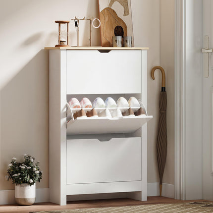 Slim Narrow Shoe Cabinet with 3 Flip Drawers and Adjustable Shelves for 18 Pairs - White