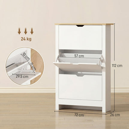 Slim Narrow Shoe Cabinet with 3 Flip Drawers and Adjustable Shelves for 18 Pairs - White