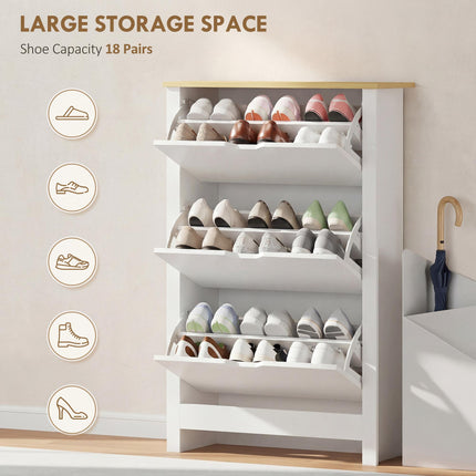 Slim Narrow Shoe Cabinet with 3 Flip Drawers and Adjustable Shelves for 18 Pairs - White