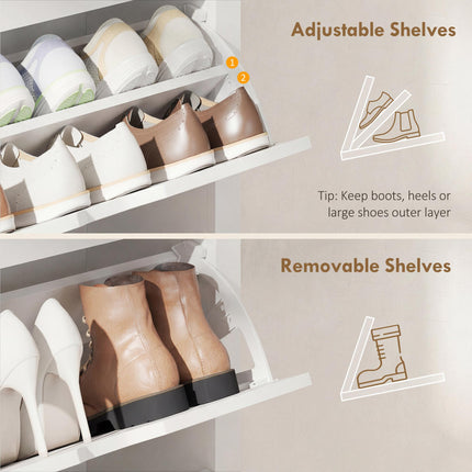 Slim Narrow Shoe Cabinet with 3 Flip Drawers and Adjustable Shelves for 18 Pairs - White