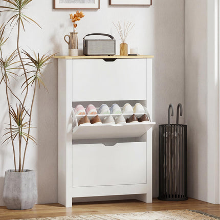 Slim Narrow Shoe Cabinet with 3 Flip Drawers and Adjustable Shelves for 18 Pairs - White