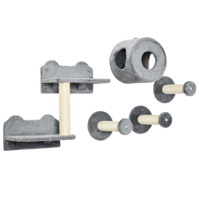 5Pcs Wall Mounted Cat Tree with Perch, Condo & Scratching Post for Indoor Cats - Grey