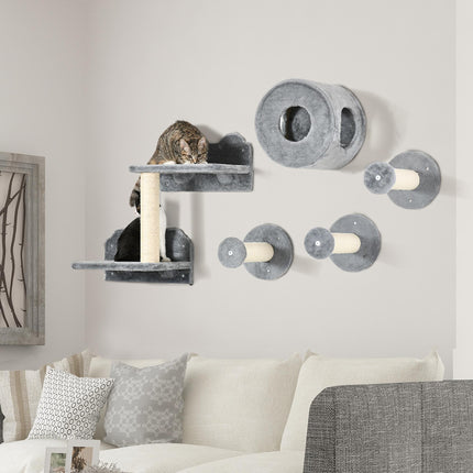 5Pcs Wall Mounted Cat Tree with Perch, Condo & Scratching Post for Indoor Cats - Grey