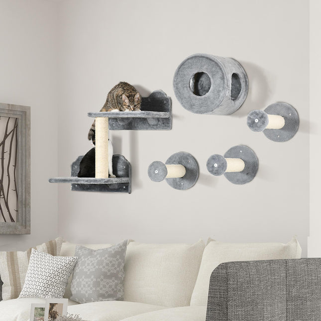 5Pcs Wall Mounted Cat Tree with Perch, Condo & Scratching Post for Indoor Cats - Grey