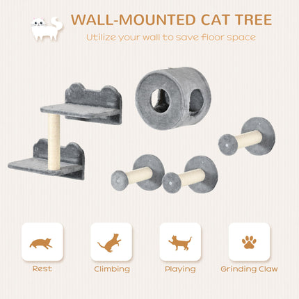 5Pcs Wall Mounted Cat Tree with Perch, Condo & Scratching Post for Indoor Cats - Grey