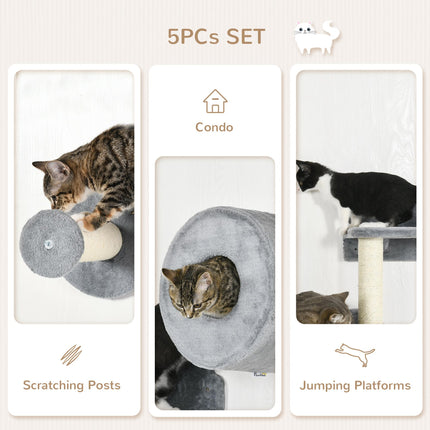 5Pcs Wall Mounted Cat Tree with Perch, Condo & Scratching Post for Indoor Cats - Grey