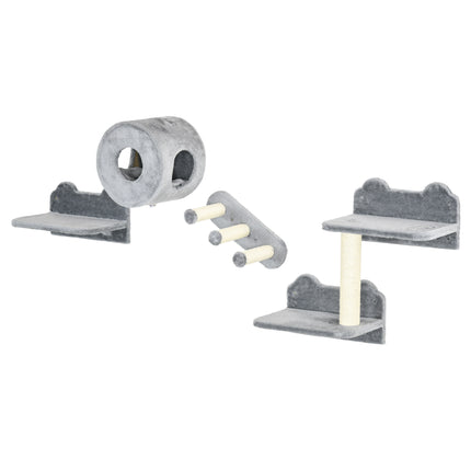 4PC Wall Mounted Cat Tree with Platforms, Steps, Scratching Posts & Condo for Indoor Cats - Grey