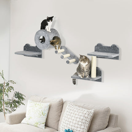 4PC Wall Mounted Cat Tree with Platforms, Steps, Scratching Posts & Condo for Indoor Cats - Grey