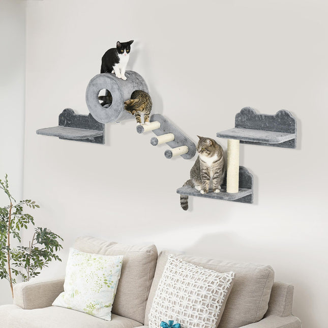 4PC Wall Mounted Cat Tree with Platforms, Steps, Scratching Posts & Condo for Indoor Cats - Grey