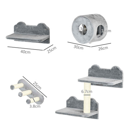 4PC Wall Mounted Cat Tree with Platforms, Steps, Scratching Posts & Condo for Indoor Cats - Grey