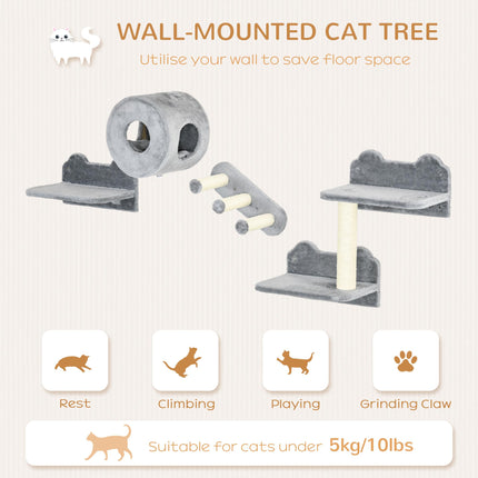 4PC Wall Mounted Cat Tree with Platforms, Steps, Scratching Posts & Condo for Indoor Cats - Grey