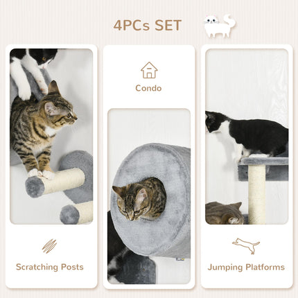 4PC Wall Mounted Cat Tree with Platforms, Steps, Scratching Posts & Condo for Indoor Cats - Grey