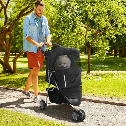 Pet Travel Stroller for Small Miniature Dogs and Cats Three-Wheel Pushchair Carrier - Black