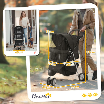 Pet Travel Stroller for Small Miniature Dogs and Cats Three-Wheel Pushchair Carrier - Black