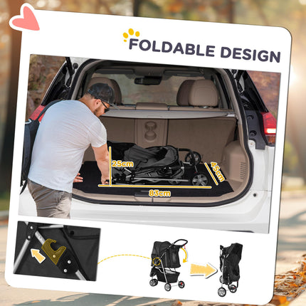 Pet Travel Stroller for Small Miniature Dogs and Cats Three-Wheel Pushchair Carrier - Black