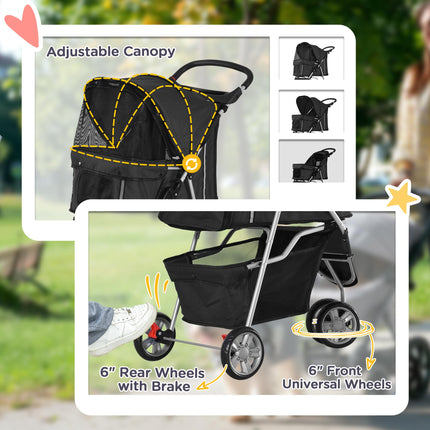 Pet Travel Stroller for Small Miniature Dogs and Cats Three-Wheel Pushchair Carrier - Black