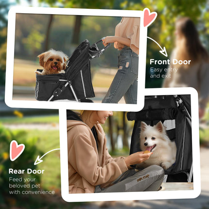 Pet Travel Stroller for Small Miniature Dogs and Cats Three-Wheel Pushchair Carrier - Black