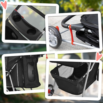 Pet Travel Stroller for Small Miniature Dogs and Cats Three-Wheel Pushchair Carrier - Black