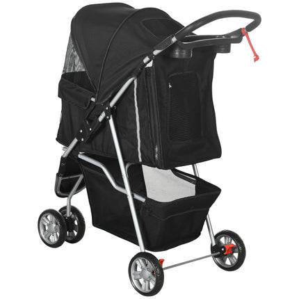 Pet Travel Stroller for Small Miniature Dogs and Cats Three-Wheel Pushchair Carrier - Black
