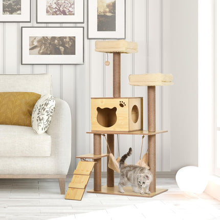 130cm Multi-Level Indoor Cat Tree with Scratching Posts, Condo & Perches for Large Cats - Yellow