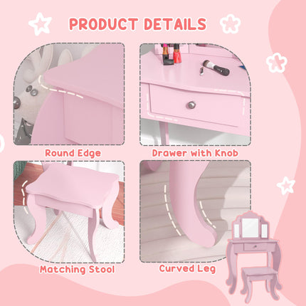 Kids Vanity Table and Chair Set with Tri-Folding Mirror and Stool, Makeup Dressing Table with Drawer, Pink