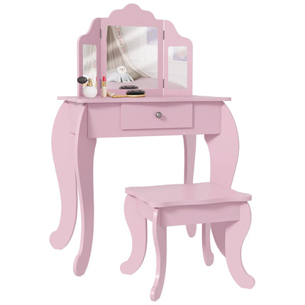 Kids Vanity Table and Chair Set with Tri-Folding Mirror and Stool, Makeup Dressing Table with Drawer, Pink