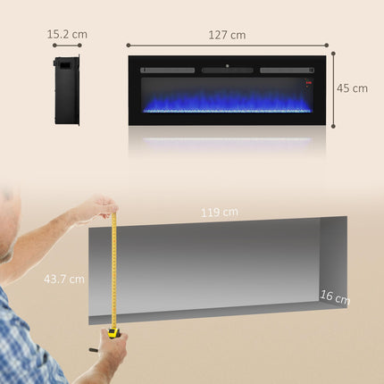 127cm 2000W Electric Fireplace with Remote, 9 Flame Colours & Crystal Effect - Black