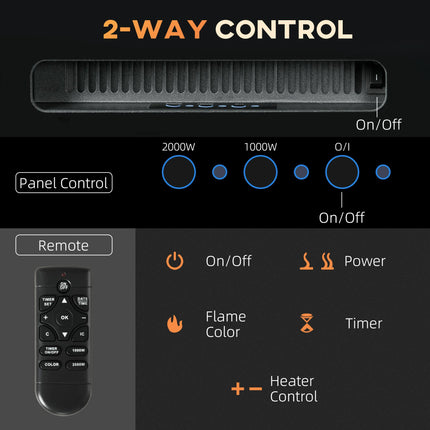 127cm 2000W Electric Fireplace with Remote, 9 Flame Colours & Crystal Effect - Black