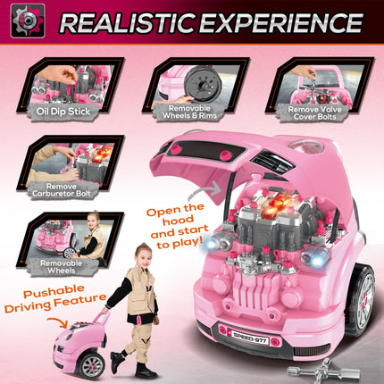Kids Truck Engine Toy Set with Horn, Light & Car Key for Ages 3-5 - Pink