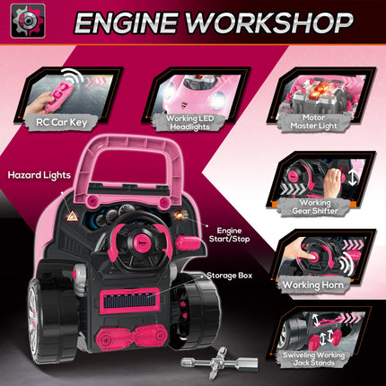 Kids Truck Engine Toy Set with Horn, Light & Car Key for Ages 3-5 - Pink