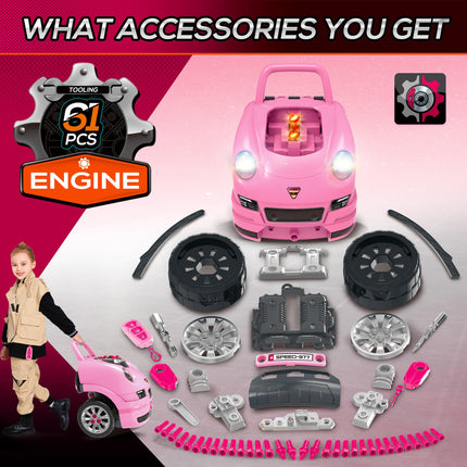 Kids Truck Engine Toy Set with Horn, Light & Car Key for Ages 3-5 - Pink