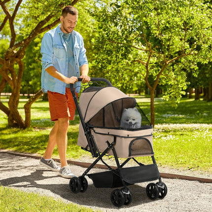Foldable Pet Stroller Pushchair with Reversible Handle, Brake & Basket for Dog Cat Travel - Light Brown